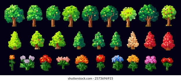 Pixel art flower and tree set with 8-bit icons for game and retro design. Featuring pine, oak, sequoia, and spruce trees, along with plants and bushes.