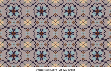 Pixel arte flores fundo papel de parede oriental padrão sem costura. Ornamento. Étnica. Estilo de decoração. Ornamento geométrico. Padrão sem emenda do vetor. Tapete. Tecido de tapete tecido.