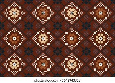 Pixel arte flores fundo papel de parede oriental padrão sem costura. Ornamento. Étnica. Estilo de decoração. Ornamento geométrico. Padrão sem emenda do vetor. Tapete. Tecido de tapete tecido.