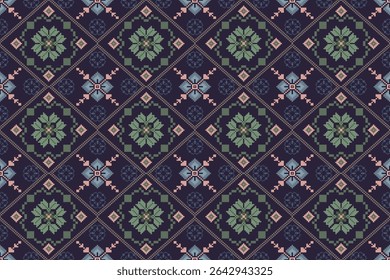 Pixel arte flores fundo papel de parede oriental padrão sem costura. Ornamento. Étnica. Estilo de decoração. Ornamento geométrico. Padrão sem emenda do vetor. Tapete. Tecido de tapete tecido.