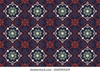 Pixel arte flores fundo papel de parede oriental padrão sem costura. Ornamento. Étnica. Estilo de decoração. Ornamento geométrico. Padrão sem emenda do vetor. Tapete. Tecido de tapete tecido.