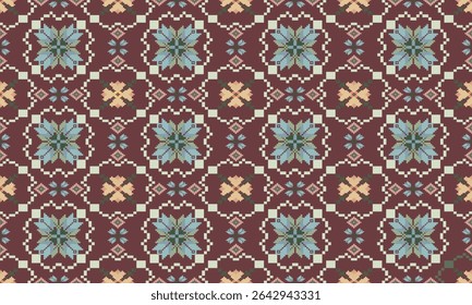 Pixel arte flores fundo papel de parede oriental padrão sem costura. Ornamento. Étnica. Estilo de decoração. Ornamento geométrico. Padrão sem emenda do vetor. Tapete. Tecido de tapete tecido.