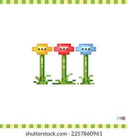 Pixel art flowers icon. Vector 8 bit style illustration of  yellow, red and blue flowers. Cute decorative element of retro video game computer graphic for game asset, sprite, sticker or web.