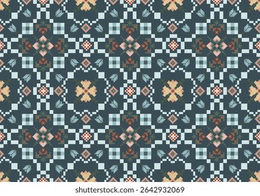 Pixel art flowers on black and red background wallpaper oriental seamless pattern. Ornament. Ethnic. Decor style. Geometric ornament. Vector seamless pattern. Rug. Woven carpet fabric.
