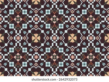 Pixel arte flores em preto e vermelho fundo papel de parede oriental padrão sem emenda. Ornamento. Étnica. Estilo de decoração. Ornamento geométrico. Padrão sem emenda do vetor. Tapete. Tecido de tapete tecido.
