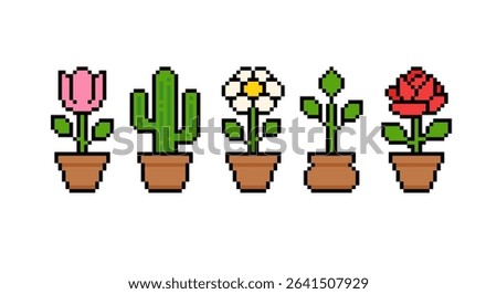Pixel Art flowers and plants collection in retro 8-bit grapics. Pixel Art flower and Indoor potted plant set 1 of: rose, cactus, chamomile and tulip. Vector pixel illustration isolated from white	
