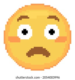 Pixel Art Flushed Face Emoji Icon. Vector Cute Pixel Blushing Emoticon. Embarrassed Emoji In Retro Pixel 8 Bit Style. Surprise Emoji Smile Yellow Face Isolated Icon.