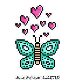 Pixel art flying butterfly with hearts icon isolated on white background. 8 bit insect clip art. Flying moth symbol. Valentine's day animal print. Cute romantic love character. 2d video game graphics.