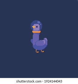 Pixel art flying pigeon in space helmet isolated on dark background