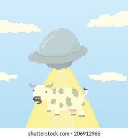 Pixel art of a flying saucer abducting a cow