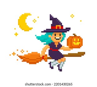 Pixel Art flying Witch on broom with pumpkin in hand. 8-bit style halloween vector illustration isolated on white. Cartoon funny pixel witch girl character