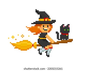 Pixel Art flying Witch on broomstick with black cat. 8-bit style halloween vector illustration isolated on white. Cartoon funny pixel witch girl character with cute kitten. Editable vector