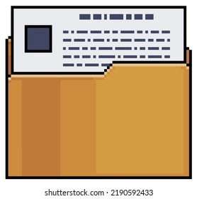 Pixel art folder with document vector icon for 8bit game on white background
