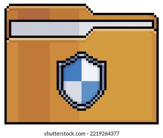 Pixel art folder with shield, secure files, document security vector icon for 8bit game on white background