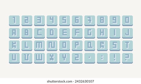 Pixel art font. 8 bit English alphabet. Game development, mobile app type. Isolated vector illustration. Cross stitch pattern.