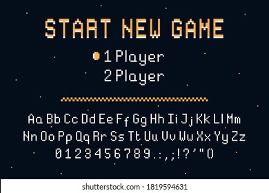 Pixel art font. Retro alphabet for 8bit games or retro-looking project. Vintage pixel typefacedesign with uppercase and lowercase letters and numbers. Vector.