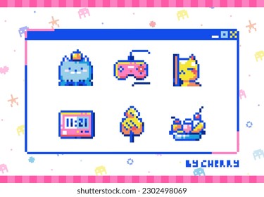 Pixel Art Food and Animals. 8bit retro style cats, gadgets, food, sweet desserts. 8bit gamepad, console, fried squid. Pack of avatars, stickers or badges.