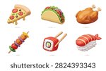 Pixel art food collection featuring pizza slice taco roast chicken skewer sushi roll and shrimp