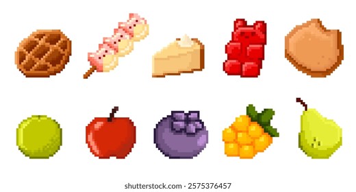 Pixel art food collection with tasty waffle, marshmallow stick, cheesecake triangle piece, red gummy bear candy, cookie, lime and apple, blueberry, cloudberry and pear. Retro game eating items set.