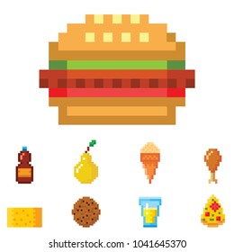 Pixel art food computer design icons vector illustration restaurant pixelated element fast food retro game web graphic.