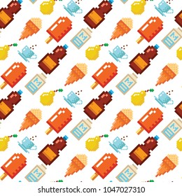 Pixel art food computer design seamless pattern background vector illustration restaurant pixelated element fast food retro game web graphic.