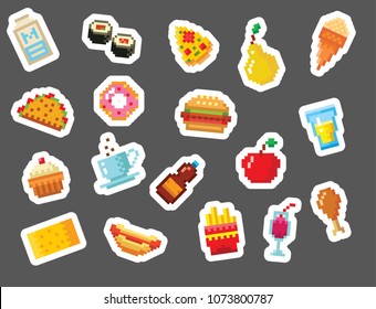 Pixel art food computer design icons vector illustration restaurant pixelated element fast food retro game web graphic.