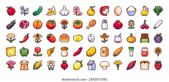 Pixel Art Food and Farm Product Icons Set, Obst, Bäckerei, Süßigkeiten, Gemüse, Landwirtschaftspflanzen, Gesunde Lebensmittel, Küche, Snack, Rosenblumen. Retro 8-Bit Elemente für Spiele und Design.