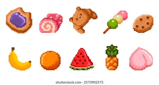 Pixel art food icons set with sweet pastries, fruits and snacks - blueberry tart, strawberry roll, croissant, candy, chocolate cookie, banana, orange, watermelon slice and pineapple. Retro game assets