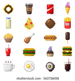 Pixel Art Food Icons Vector.