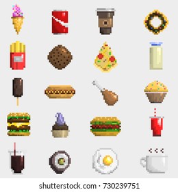 Pixel art food icons vector.