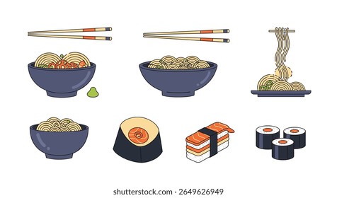 Ilustração de comida de arte Pixel com deliciosa cozinha japonesa e utensílios de jantar para entusiastas da culinária e amantes da comida em todo o mundo