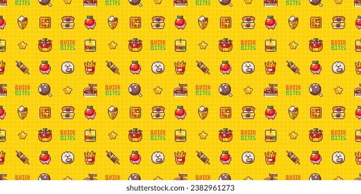 Pixel Art Food Pattern Background. Seamless Texture with Tasty Snacks and Meals - sushi, fries potato, ice cream, waffle, tteokbokki.
