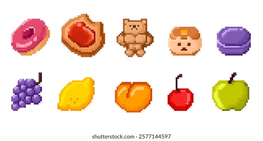 Pixel art food set with donut, jam tart, cute bear cookie and bun, purple macaron, grape cluster, fresh lemon and peach, red cherry and green apple. Retro style game assets with sweet treat and fruit.