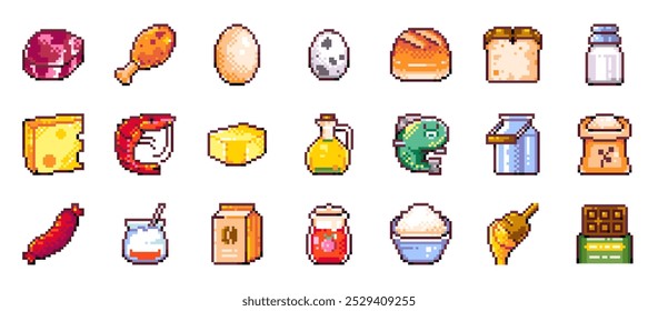 Pixel Art Food For Video Game Assets and Stickers - Meat, Chicken, Egg, Bread, Milk, Cheese, Butter, Oil, Fish, Flour, Sausage, Yogurt, Coffee, Rice. Isolated 8 Bit Grocery Market and Bakery Products.