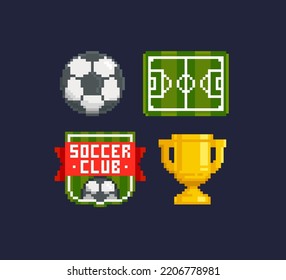 Iconos de vectores Pixel Art Football. Fútbol, campo de fútbol, Club Emblem, Trophy Cup al estilo retro de 8 bits. Juego de iconos de fútbol