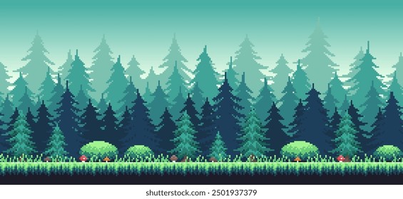 Fondo de bosque de arte de píxeles. Fondo de juego sin fisuras con paralaje. 7 capas