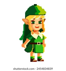 Pixel art of a forest elf girl. Character for forest fairy tale theme in pixel style. Isolated on a white background. Vector