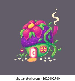 Pixel art forest house like a flower. Cute fairy building for game design. Vector illustration.