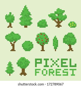 Pixel Art Forest Isolated Vector Set
