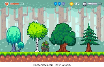 Pixel Art Forest Level Mookup für Plattform-Spiel mit Interface-Elementen: Gesundheit, Ressourcen und Münzzähler. Sprites und Requisiten von Bäumen, Zeichen für Füllstände, Orte 8bit 2d Retro-Spiele. 