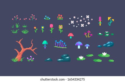 Pixel art forest plants. Cute environment objects for design. vector illustration.