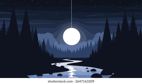 Pixel Art Forest River Under a Bright Moonlit Sky