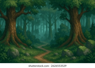 Pixel art forest with a winding path and tall trees under soft daylight. A calm, natural 16-bit background for games, landscapes, or exploration themes.