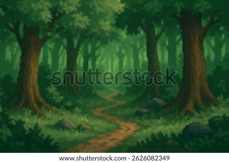 Pixel art forest with winding path and tall trees. Peaceful retro-style landscape perfect for side-scrolling games, fantasy worlds, and nature-themed designs.
