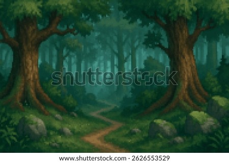 Pixel art forest with a winding path and tall trees under soft daylight. A calm, natural 16-bit background for games, landscapes, or exploration themes.