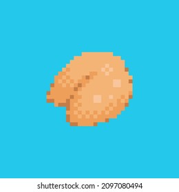 Pixel art fortune cookie icon. Vector 8 bit style illustration of Chinese prediction lucky cookie. Isolated decorative oriental holiday element of retro video game computer graphic.