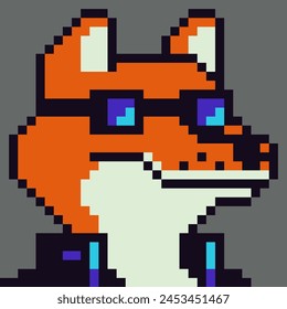 Zorro de arte de píxeles, animal en gafas personaje 8-bit, 80-s, avatar, cara antropomórfica, NFT, icono de Vector de dibujos animados, usuario de juegos, personas de perfil de Web, personas, retrato de red social. Token no fungible.