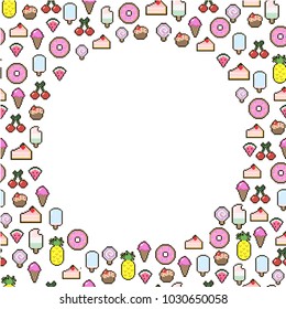 Pixel art frame with cakes, ice cream, candy, donuts, berry isolated on white background for wrapping paper. Vector illustration.