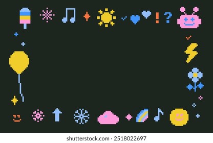 Pixel art frame with funny naive elements. Robot, sun, smile, music note, heart, star. Vector illustration. Y2k trendy playful pixelated background, banner for kids design. Mood of 90's aesthetics