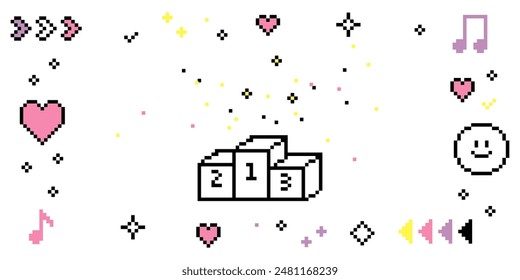 Pixel art frame with podium for winners. Smile, music, heart, star, sparkle. Vector illustration. Simple design. Y2k trendy playful pixelated summer background and banner. Mood of 90's aesthetics